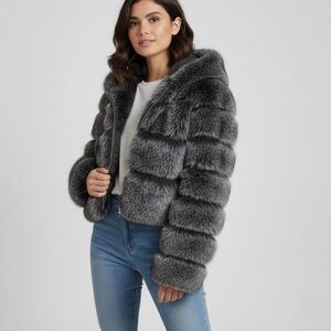 Elegant Charcoal Faux Fur Teddy Jacket